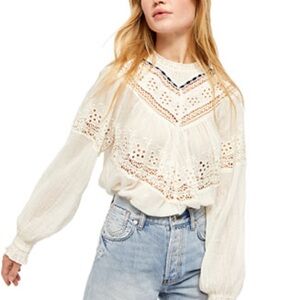 Free People White Eyelet Lace Victorian Blouse